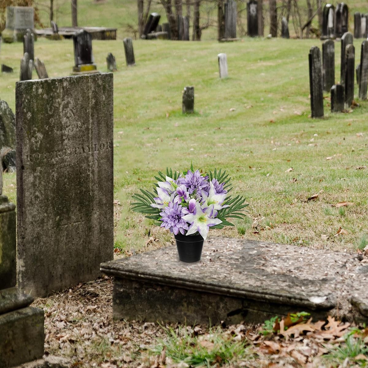 Artificial Cemetery Flower for Graves, White Purple Faux Lily Dahlia Flowers …