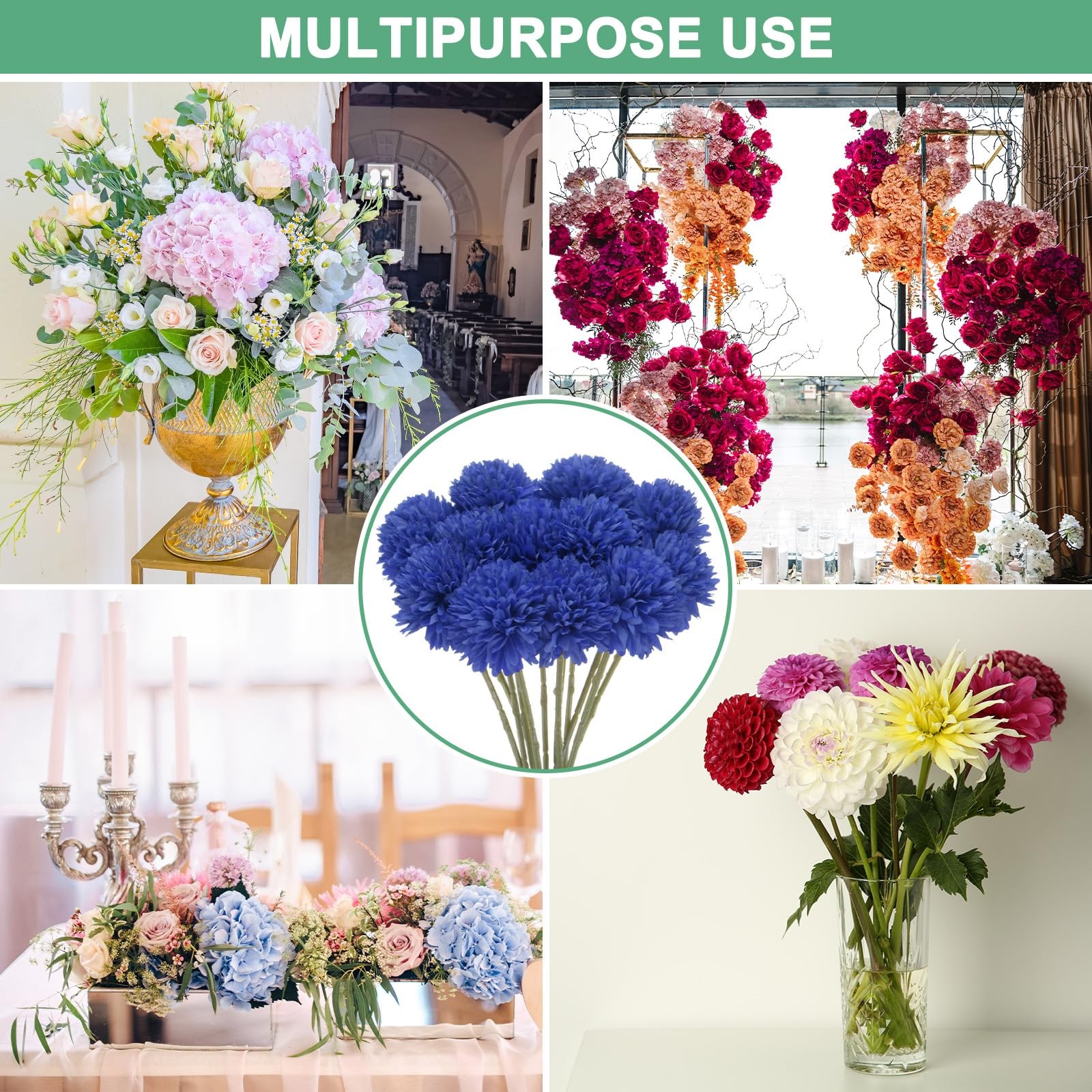 12 PCS Dark Blue 11 Inch Artificial Chrysanthemum Ball Flowers Silk Bouquets