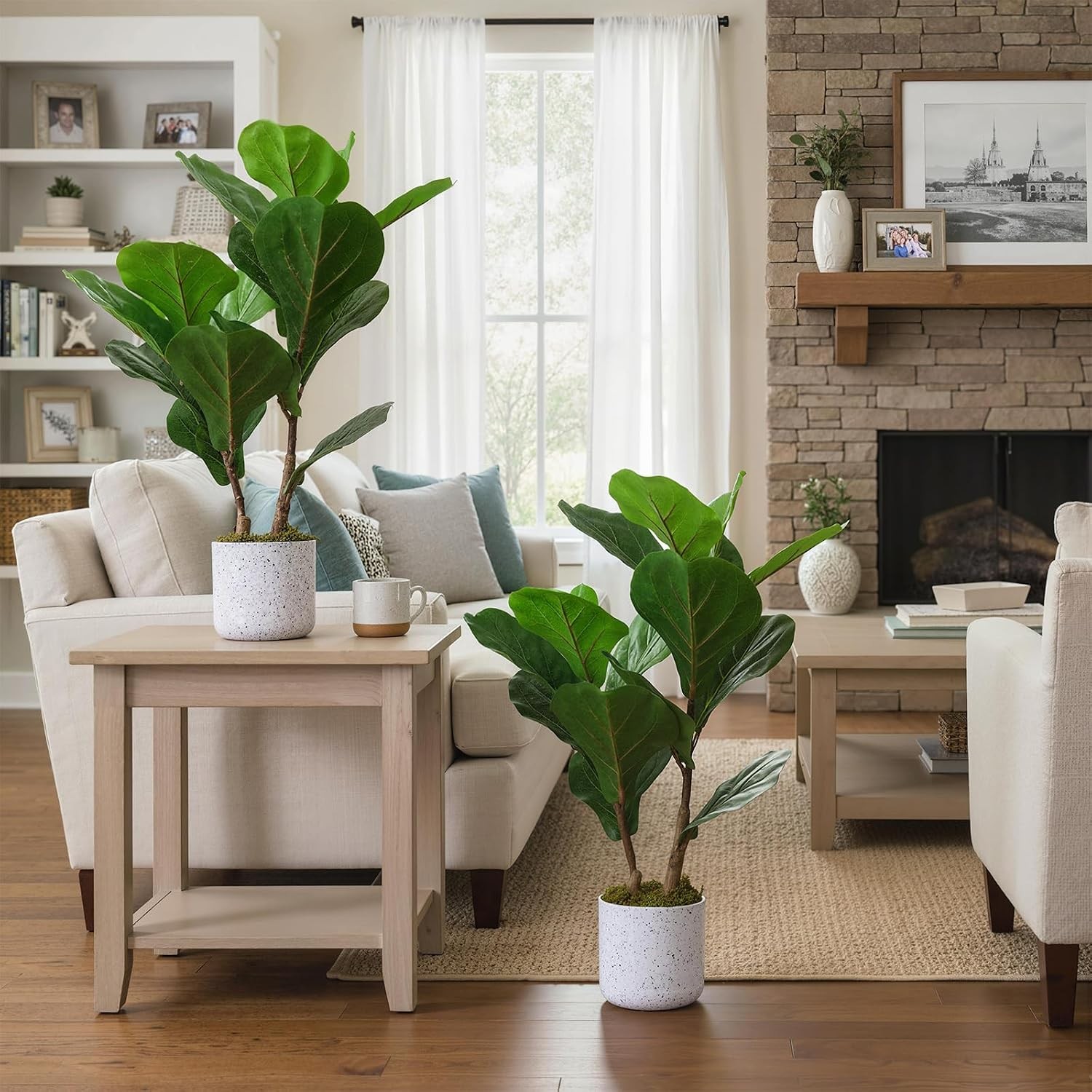 2 Pack Faux Fiddle Leaf Tree 15.7in White Marble Pot Cement Base Home Office