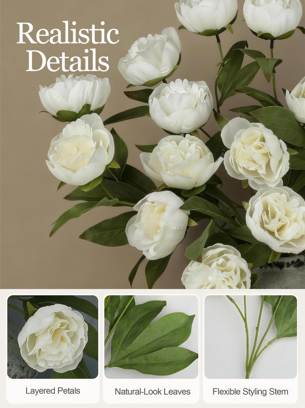 Artificial Peony Flowers for Tall Vase, 27″, 6 Pcs (White Peony)