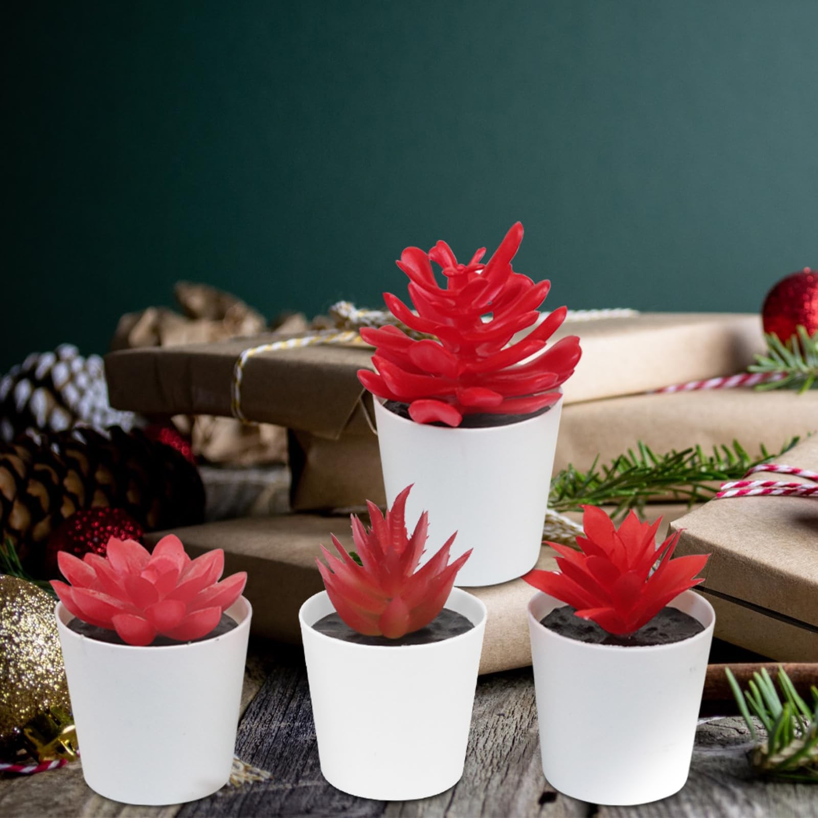 4 Pack Red Artificial Succulent Lotus Potted Plants Office Home Decor