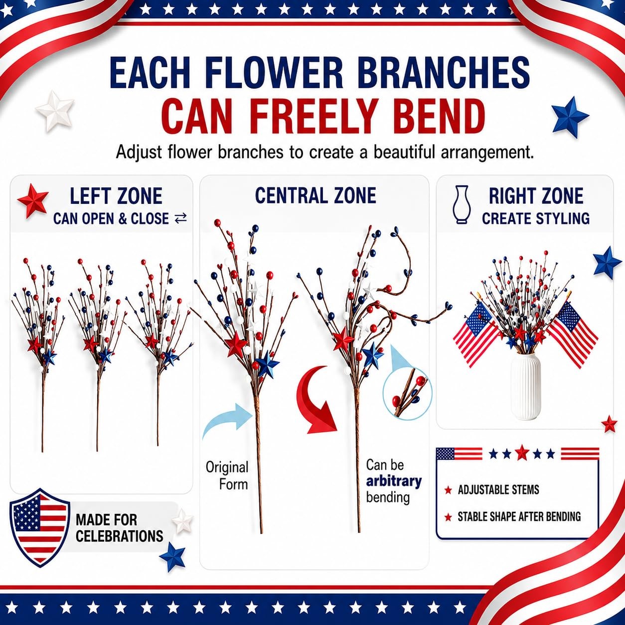 4th of July Patriotic Decorations, 4 Pcs Artificial Stem Picks Red White and …