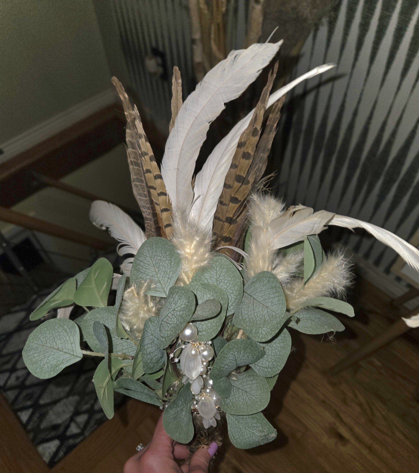 Boho Faux Eucalyptus & Feather Bouquet Rustic Pearl Floral Arrangement