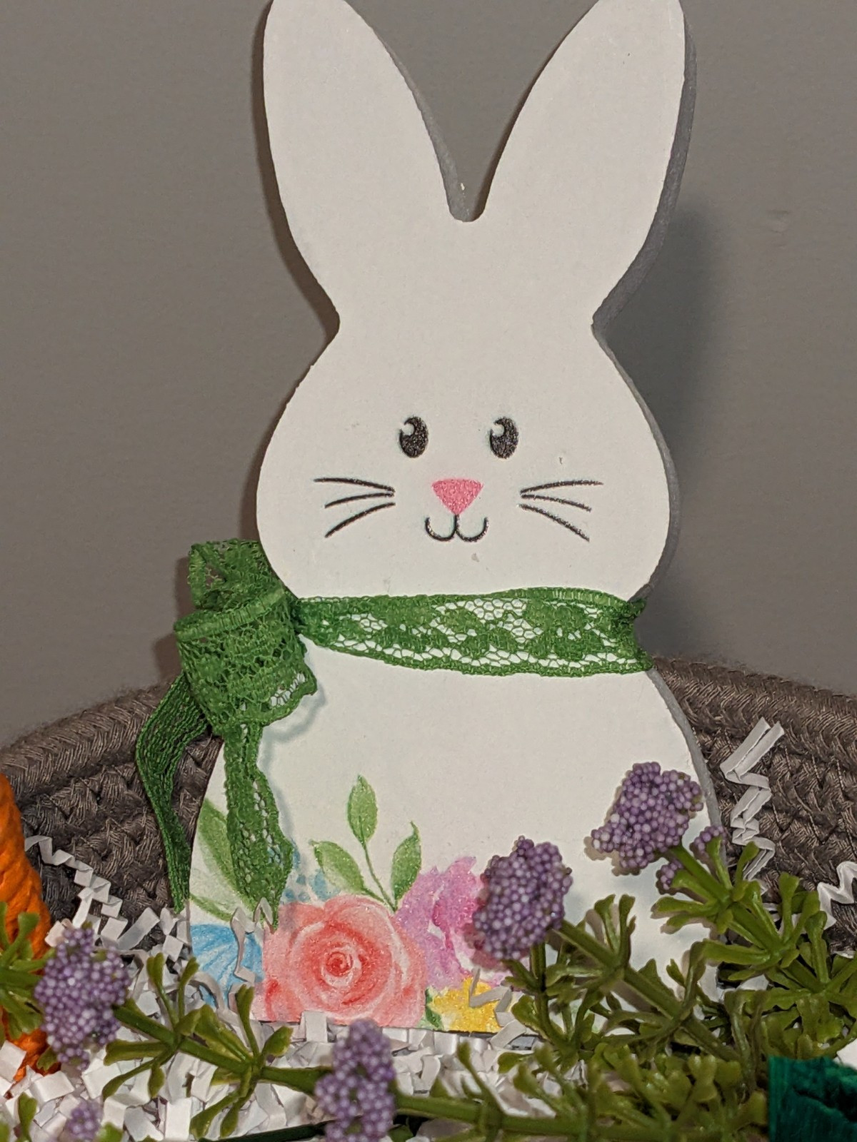 Easter Bunny Eggs Carrots Rope Basket Decor~Floral Arrangement Vingette