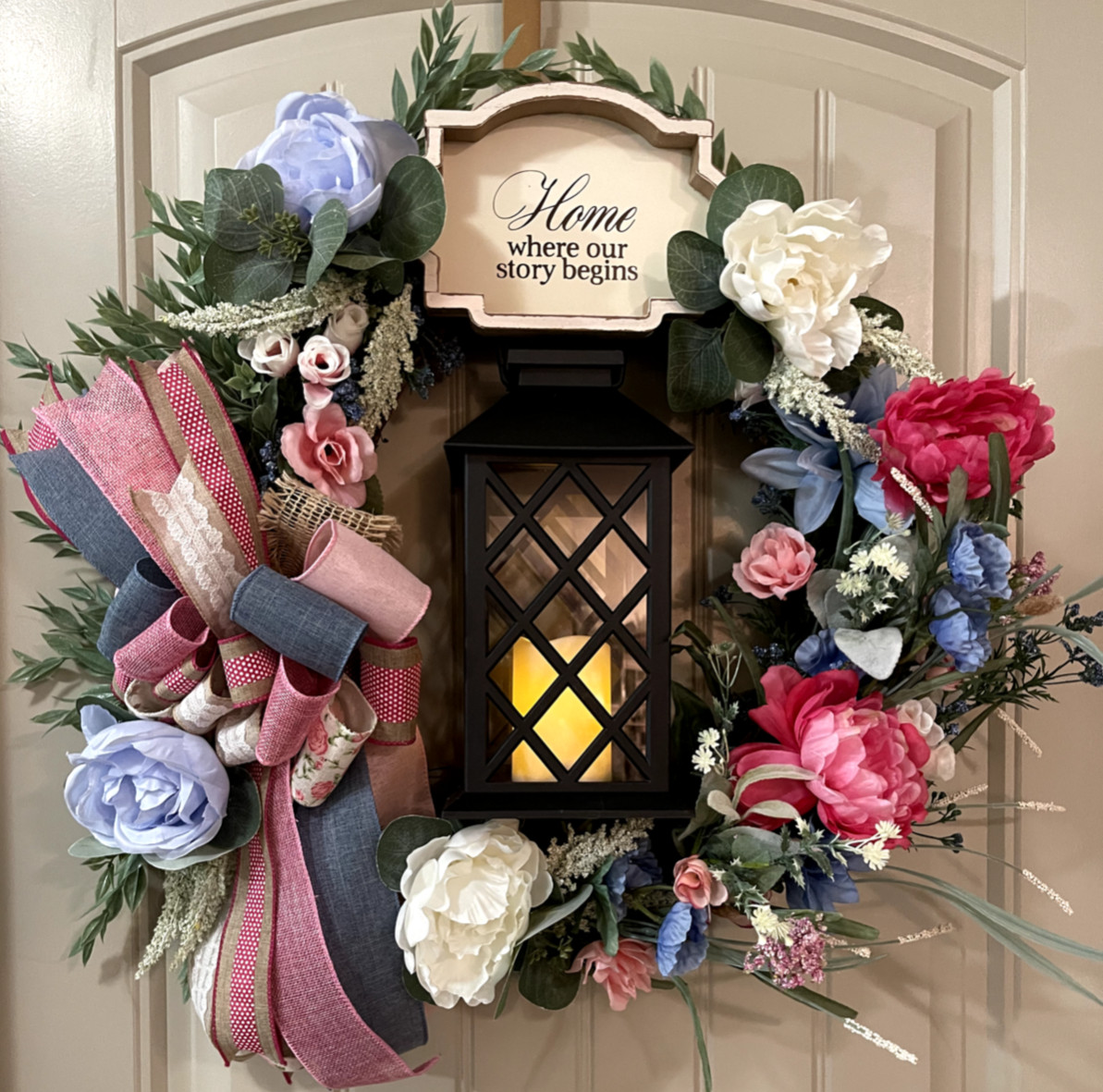 Home Where our Story Begins Lantern wreath by Taylormadecustombows 27x25x7″