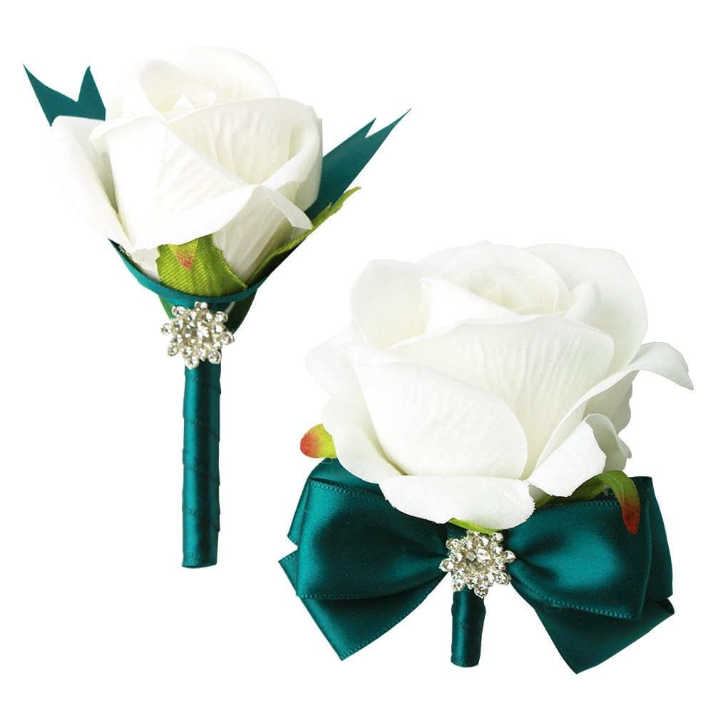 2 PCS Wrist Corsage Rose Boutonniere Set Bride Groom Prom Green White