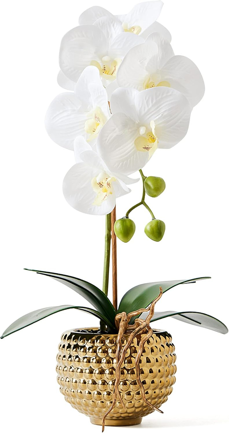 Orchids Artificial Flowers, 15″ Faux Orchid in Gold Flower Pot Real Touch Flower