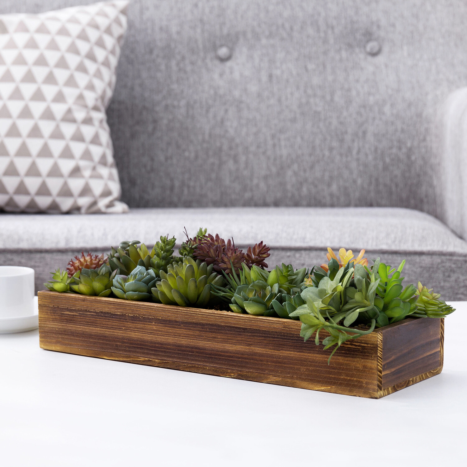 MyGift Faux Assorted Succulent Plant Arrangement in Rustic Brown Wood Planter