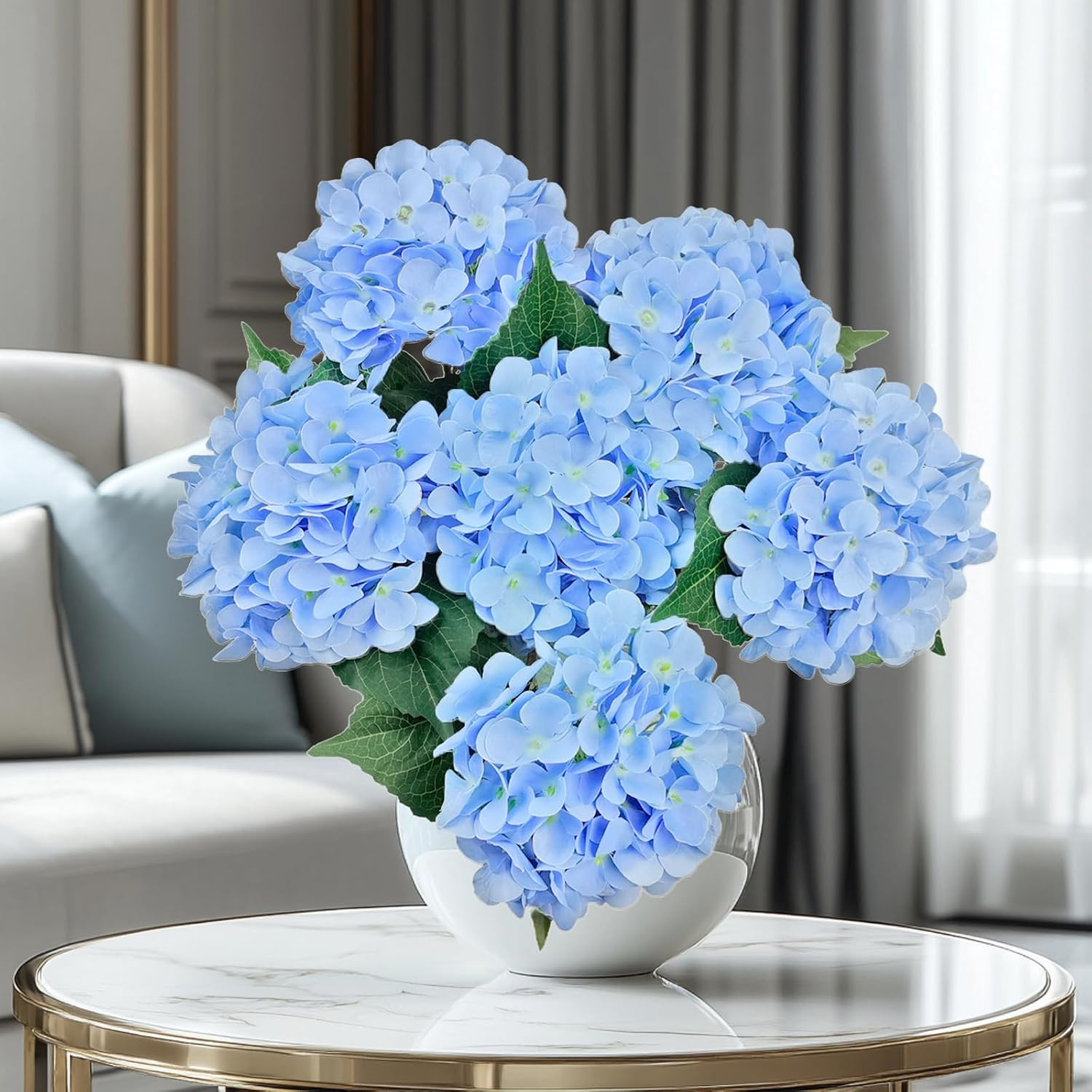 6PCS Blue Hydrangea Artificial Flowers, Bulk Silk Fake Flower with Stems, Faux H