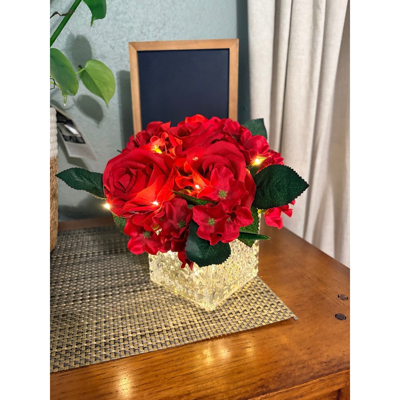 Rose Arr w LED Lights Solid Cube Glass Vase Mom Teacher Gift Decor