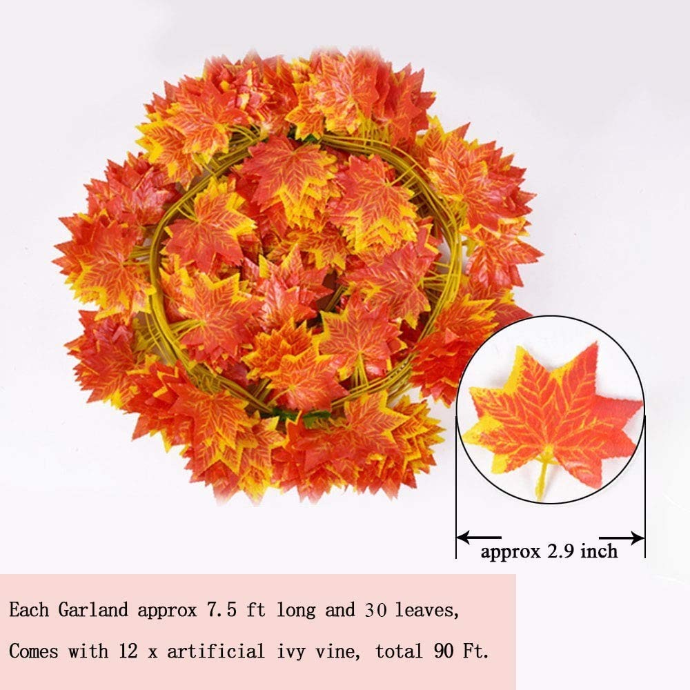 90 Feet 12 Strands Artificial Fall Maple Leaves Garland Autumn Fake Leaf Vine…
