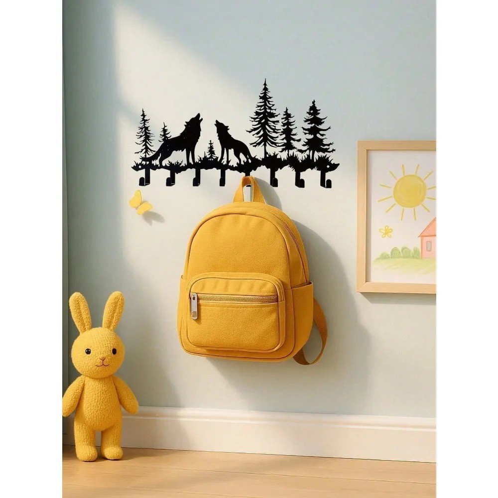 Wolf-Themed 8-Hook Wooden Key Holder – Wall Mounted Entryway Coat Rack Organizer