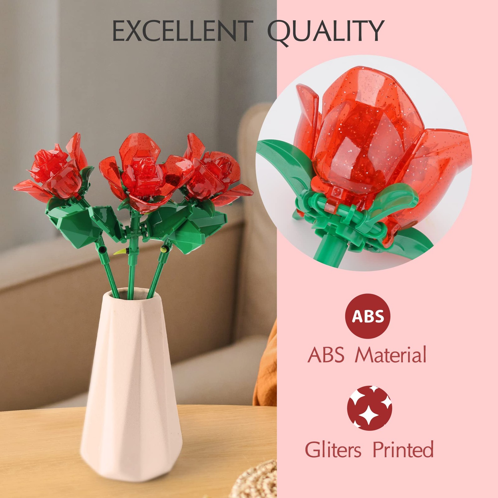 Rose Flower Bouquet Building Set with Lights,Artificial Plant Cute Botanical …