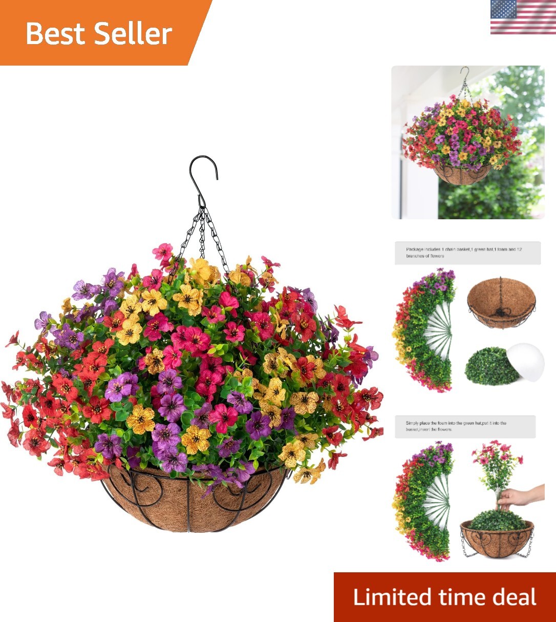 Beautiful Faux Silk Flower Basket with Daisy and Eucalyptus for -Round Charm