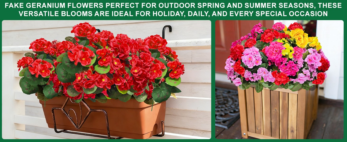 4 Bundles Artificial Geraniums Flowers for Outdoors Summer Decor | Fake Flowers