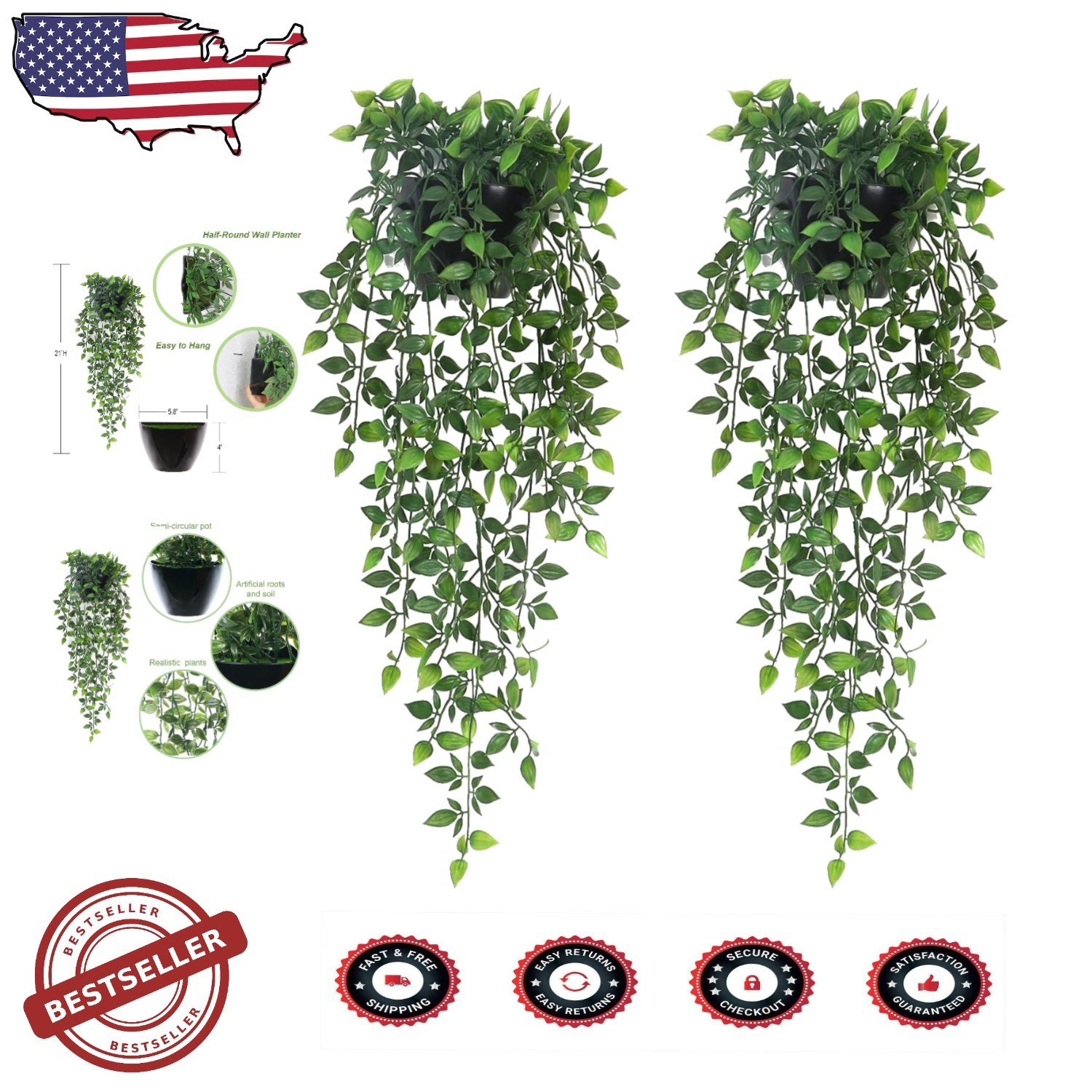 Vivid Fake Hanging Plants, 2 Set Plastic Ivy Vines, All-Season Outdoor Decor