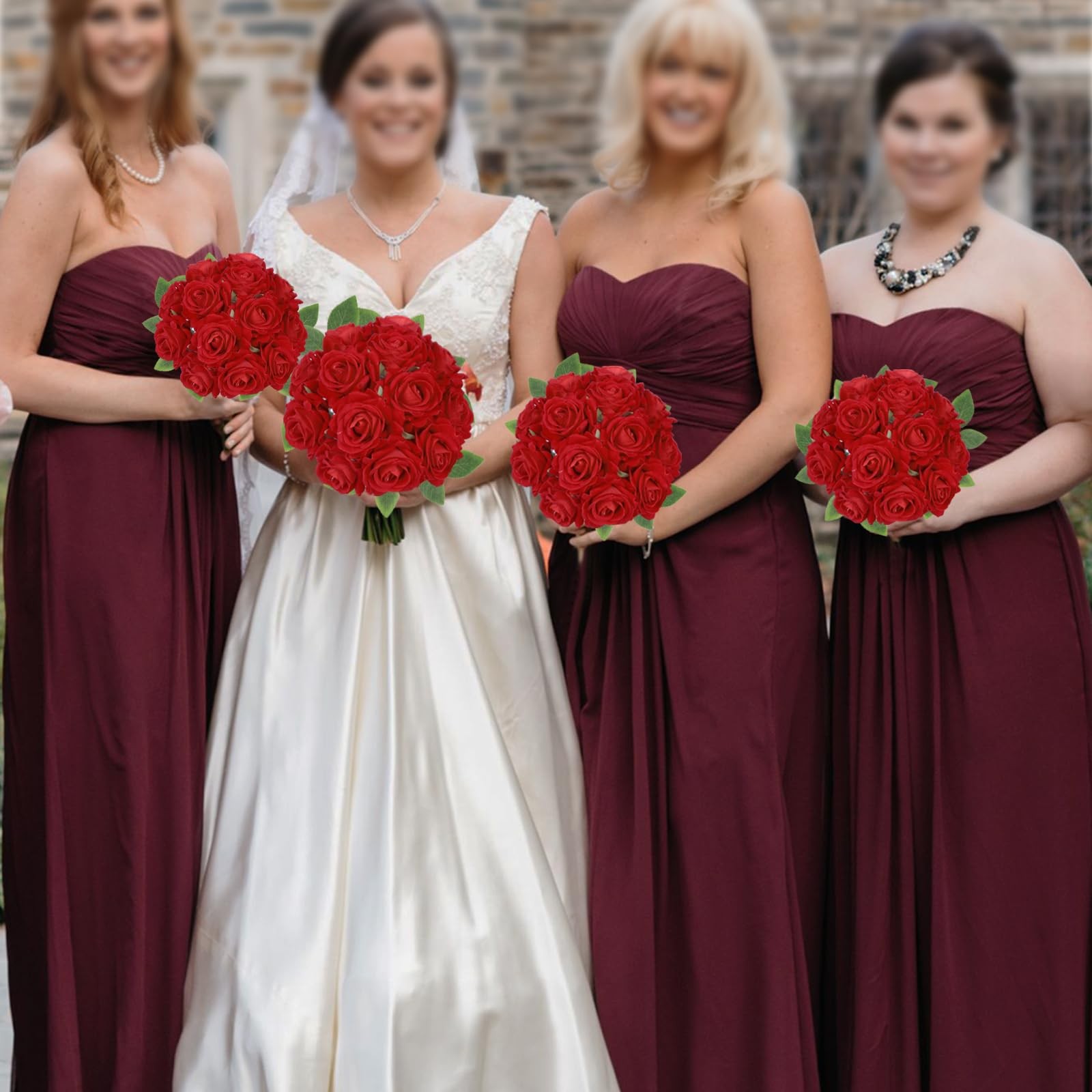 16 PCS Red Artificial Velvet Roses 3.15 Inch Fake Flowers Bridal Bouquet