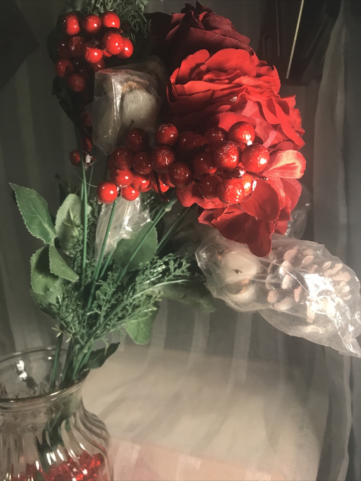 Winter Christmas Rose Cotton Pinecone Bouquet Faux Flower NWT Floral Stem Decor