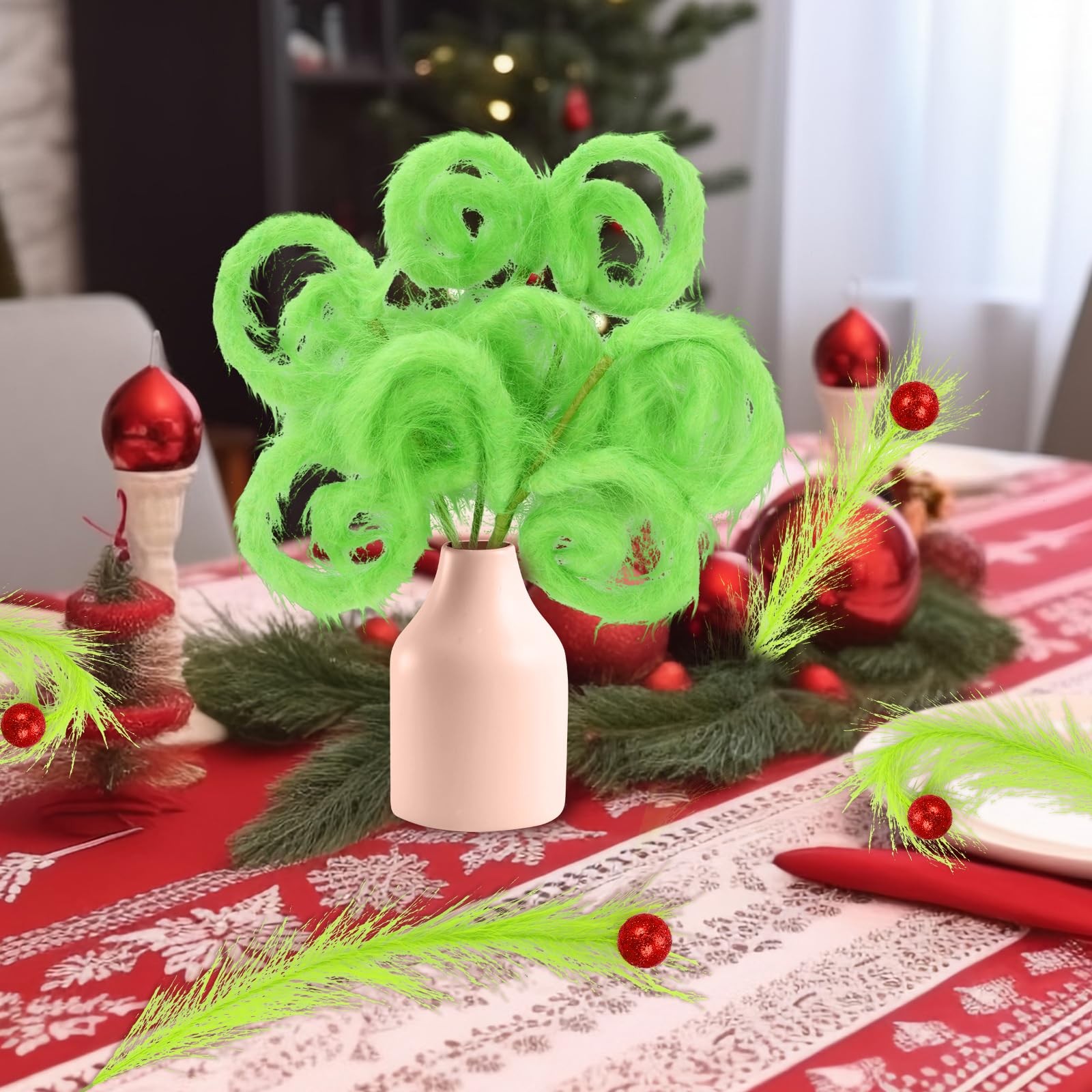 8 PCS 17 Inch Lime Green Christmas Tree Topper Furry Picks Red Ball Funny