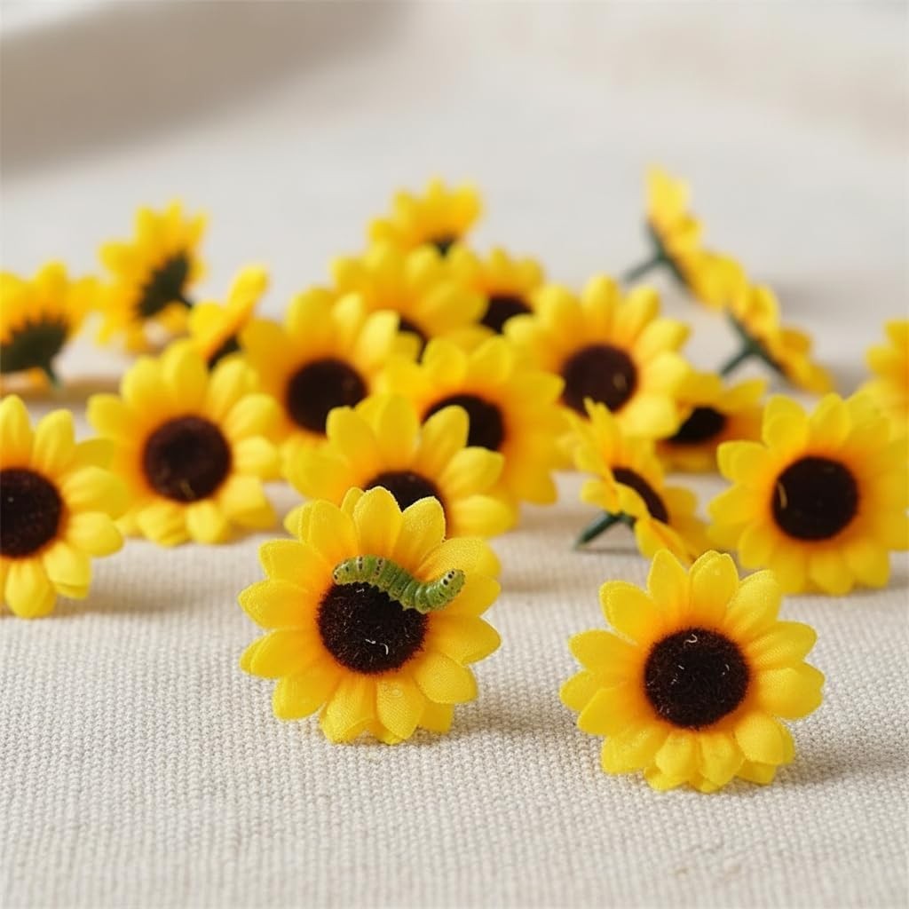 50Pcs Mini Sunflower Flower Heads, Artificial Fabric Flowers for Wreaths Wedd…