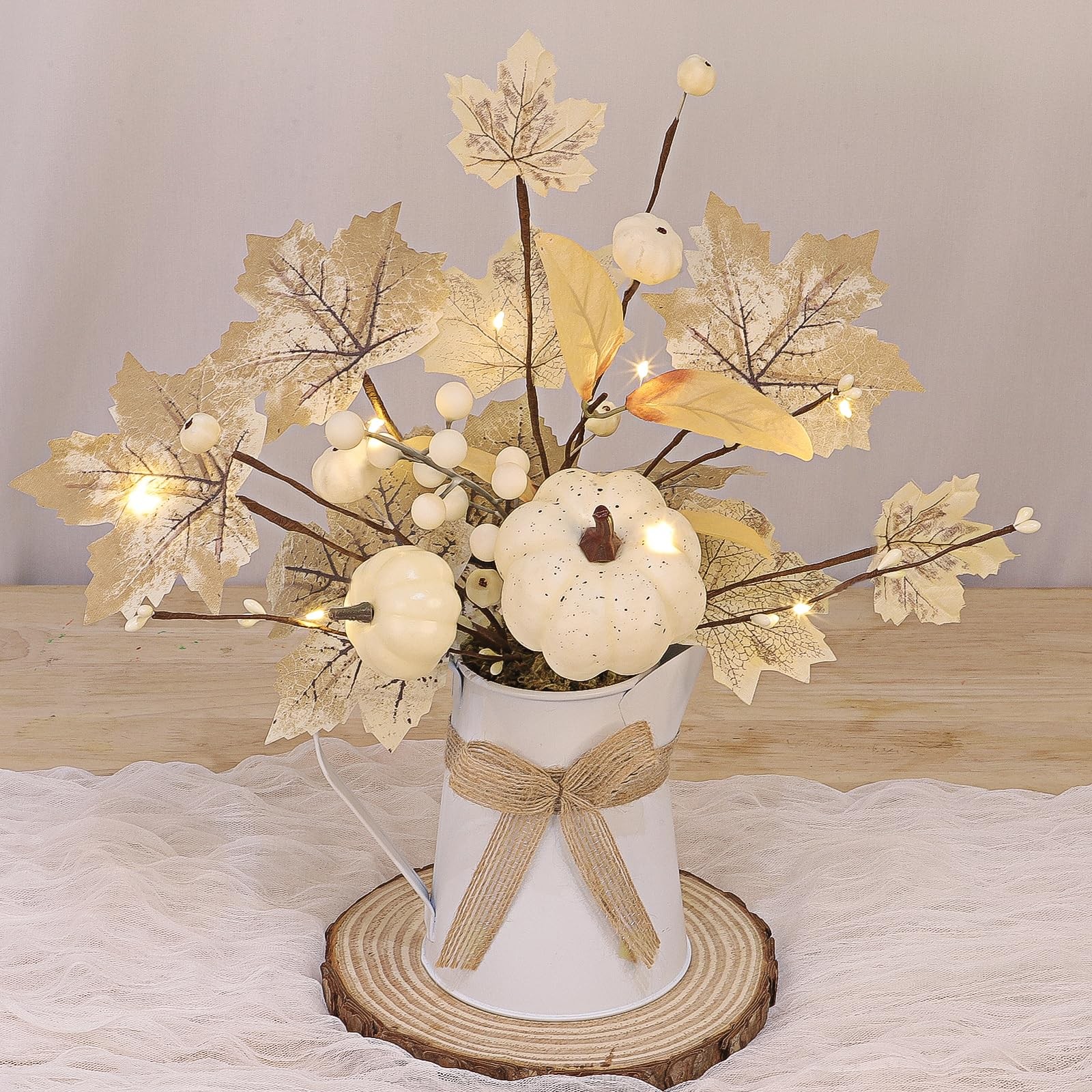 [Light & Timer] Fall Decor Table Centerpiece Potted White Maple Arrangement i…