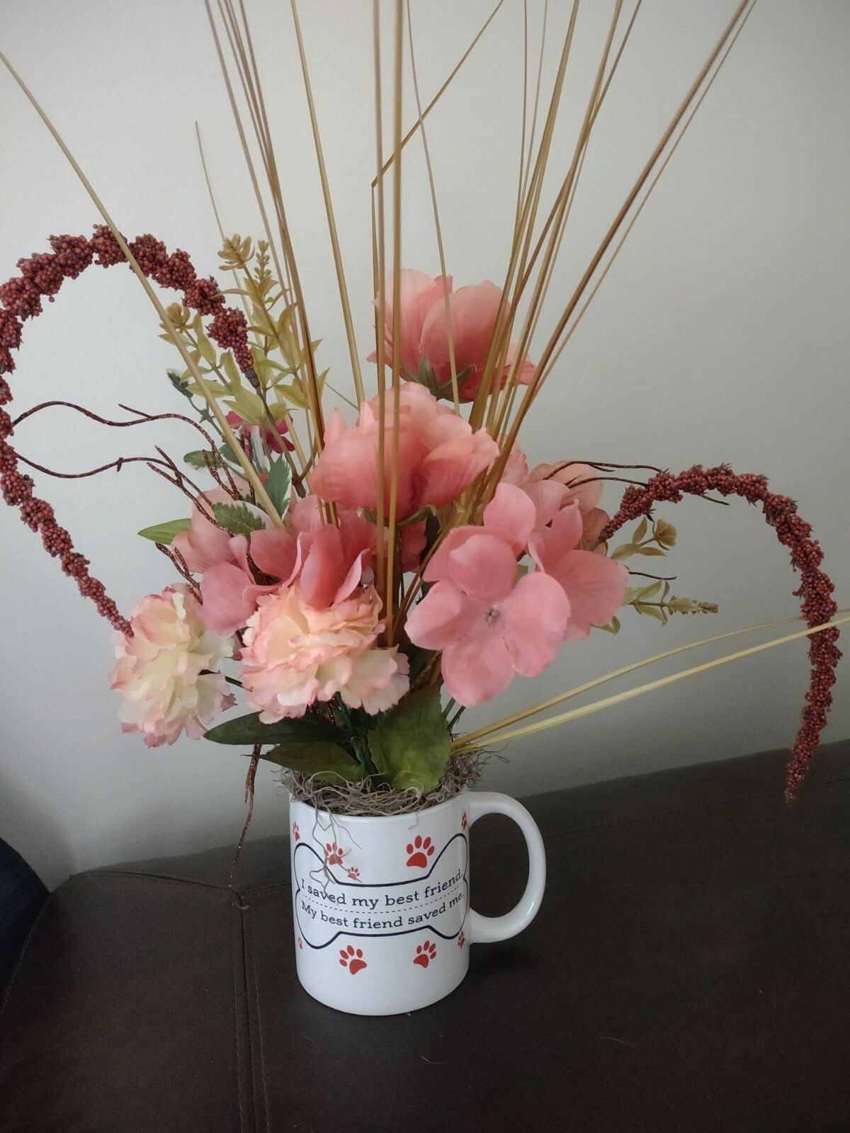 DOG Lovers Mug with silk flower arrangement. Pink Roses and Carnations