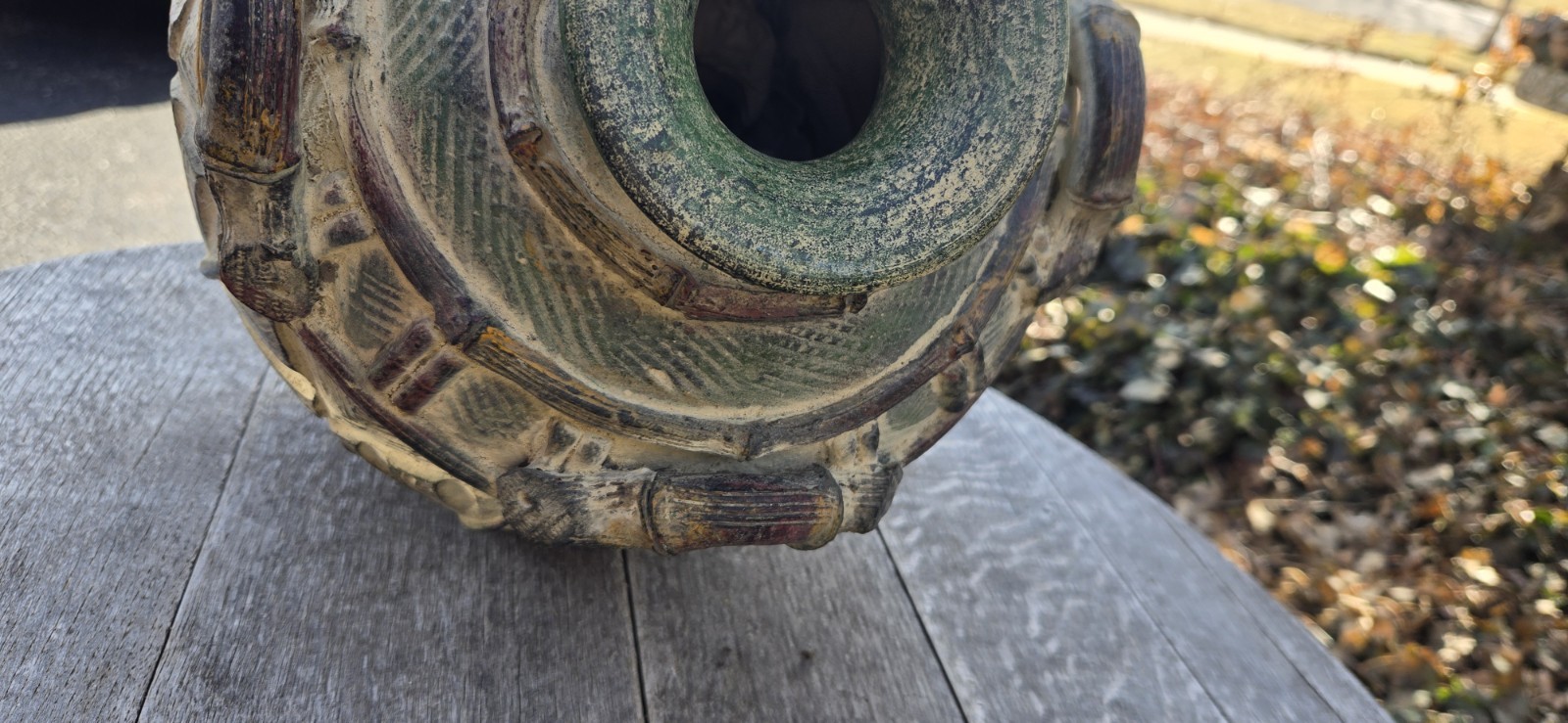Rustic Urn Vase Earthenware Pottery Botanical Leaf Handles 12″T Brownish Green