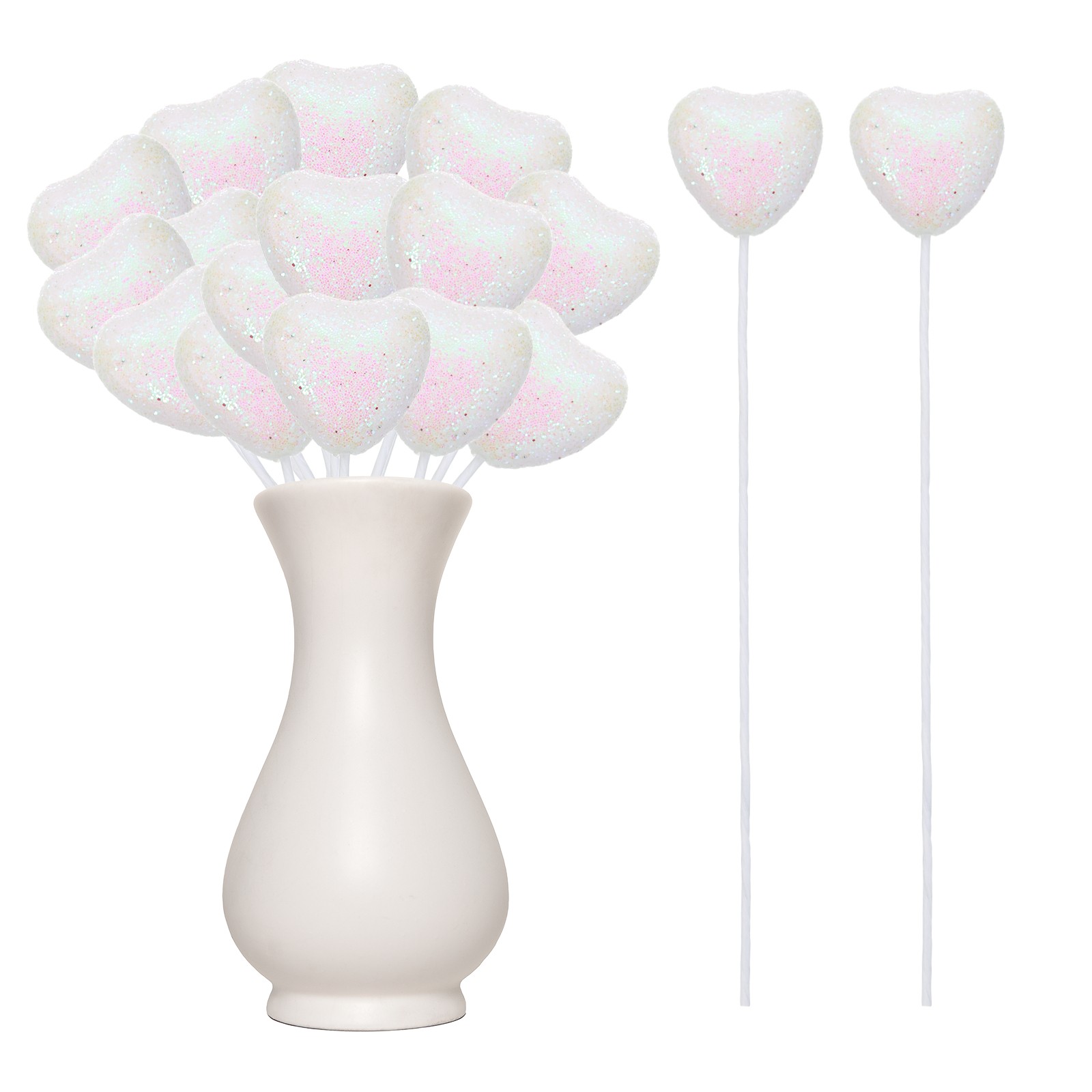 24 Pcs Glitter Heart Shaped Picks Puffy Foam Hearts Stick (White, 3cm x 21cm)
