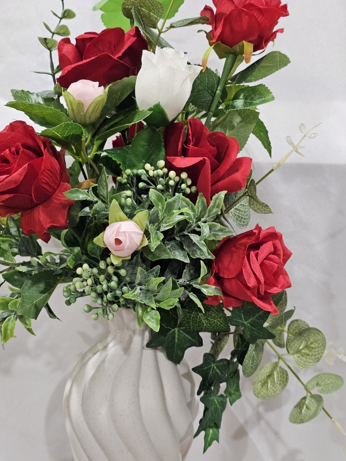 Artificial Red Rose w/white Florwer Arrantement 7″ white vase Total 18″x9 12″