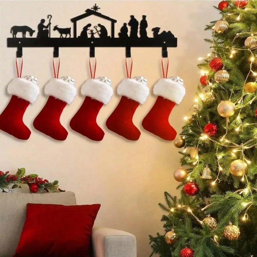 Metal Christmas Stocking Wall Holder with Hooks – Mantel Holiday Decor Gift