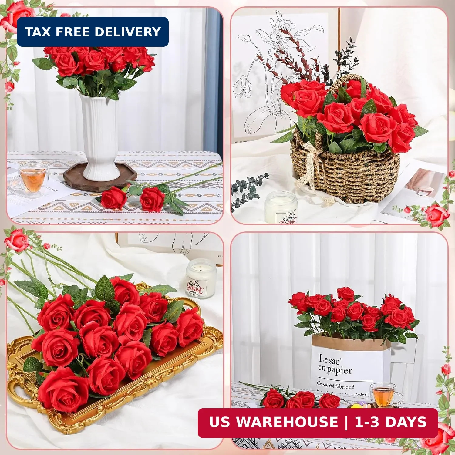 24 Pcs Red Rose Artificial Flowers with Long Stem Real Touch Silk Plastic Bouque