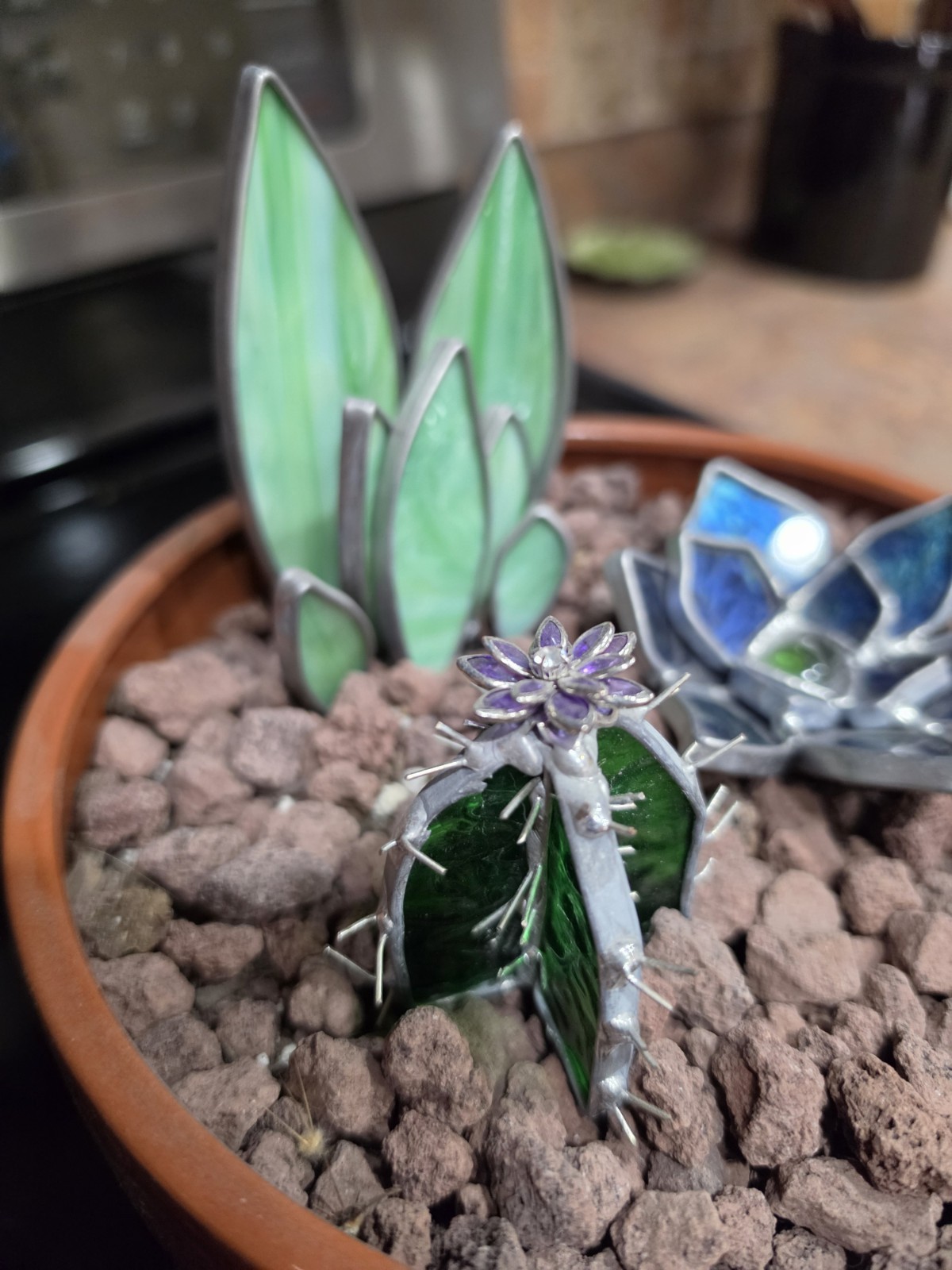 Artificial Succulent & Cactus Stained Glass Style Planter Arrangement