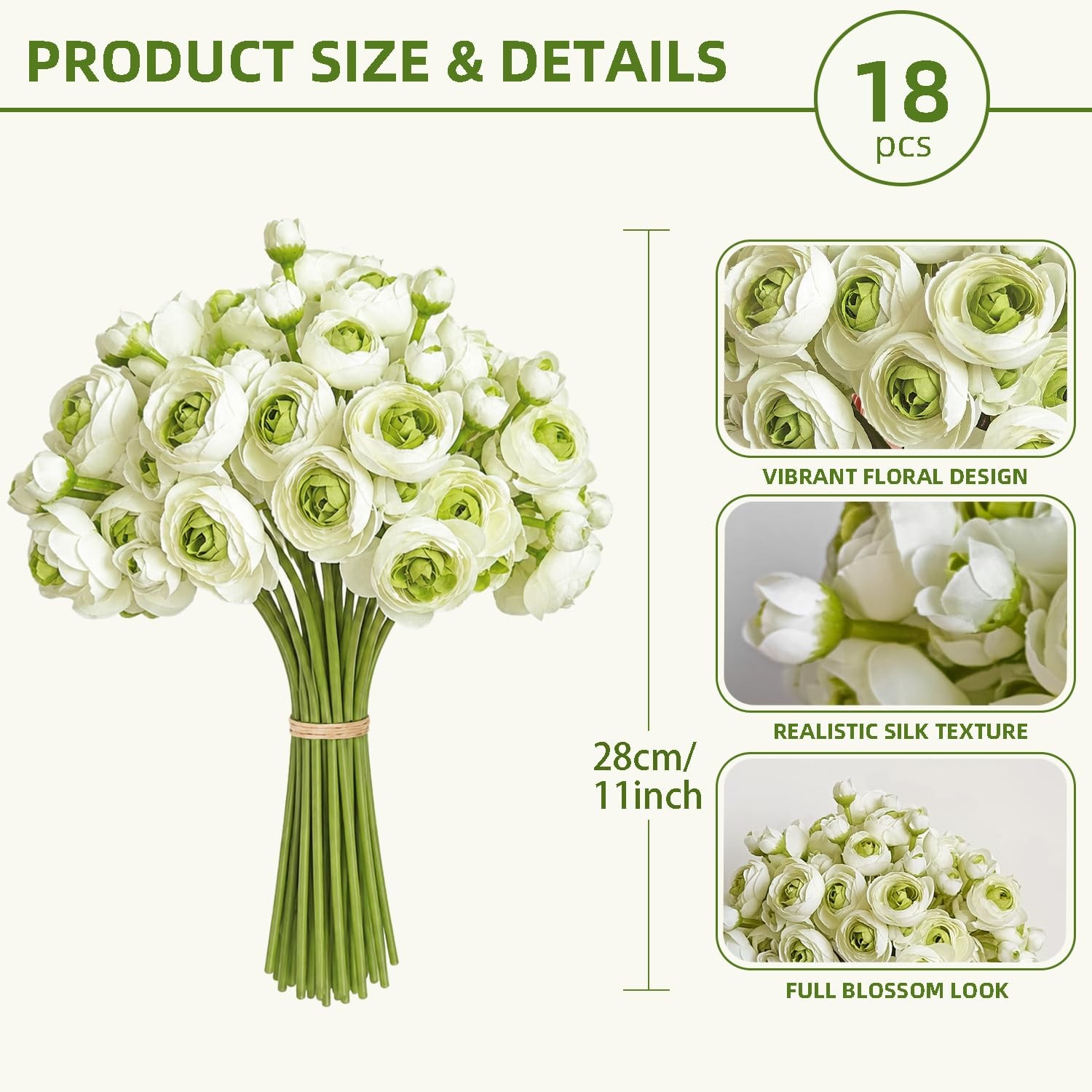 18 PCS Green Silk Ranunculus Artificial Flowers Wedding Bridal Bouquet Decor