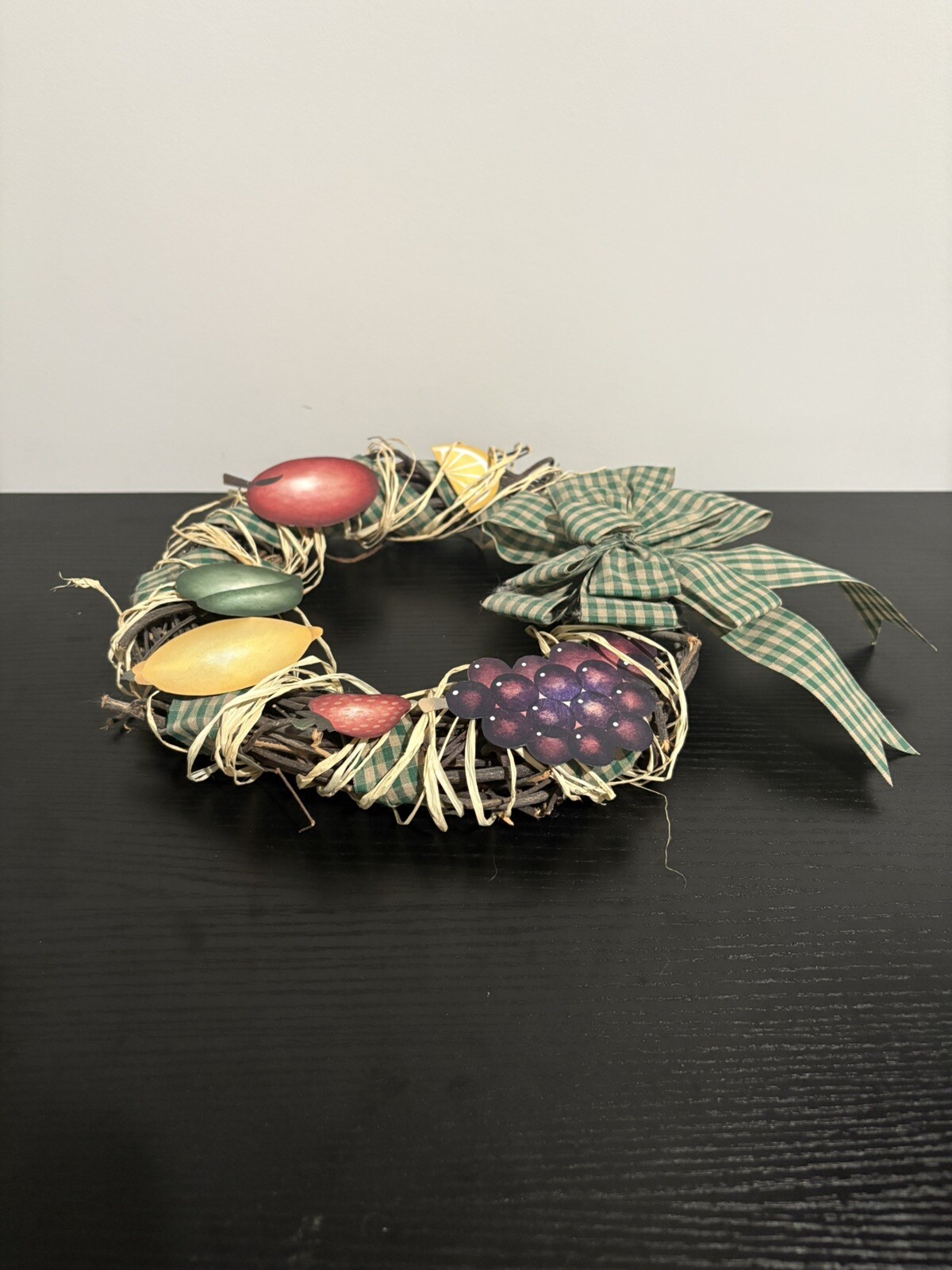 Vintage 10″ Hanging Ribbon Wrapped Twig Wood Wreath w/ Bow & Fruit Design