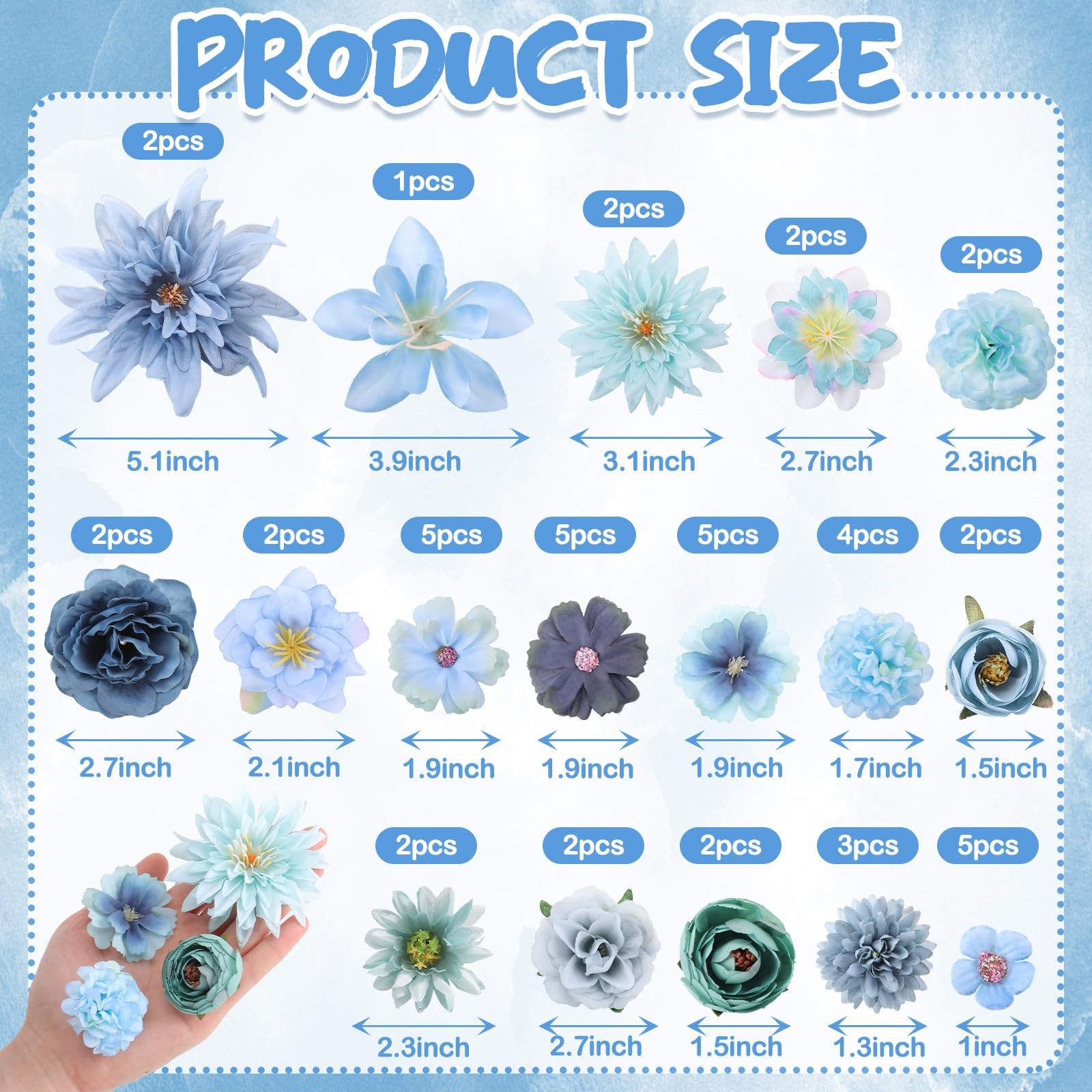 48 PCS Blue Fake Flower Head Silk Artificial Faux Rose Daisy Peony Decor