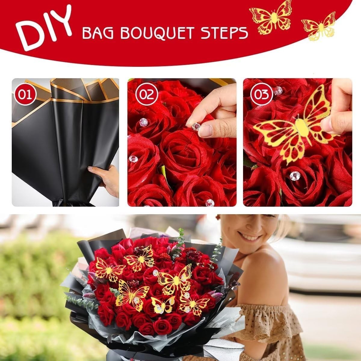 190Pc WEDDING Flower Bouquet 40 Sheet Wrapping Paper 48 Gold Butterfly Pearl DIY