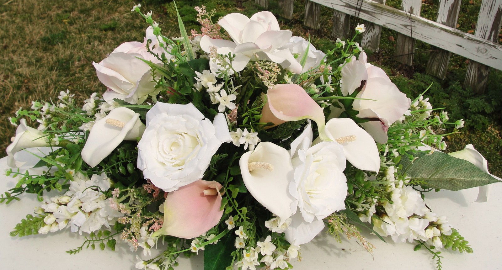 Pale Pink White Silk Flowers Centerpiece Spray Arrangement Wedding Floral Oblong