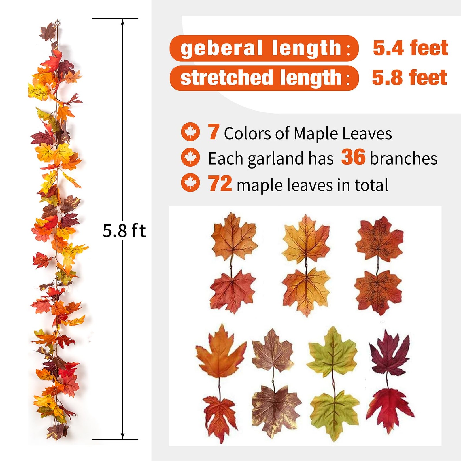2 Pack Fall Maple Garland with 40 String Light- 5.8ft/Piece Artificial Fall F…
