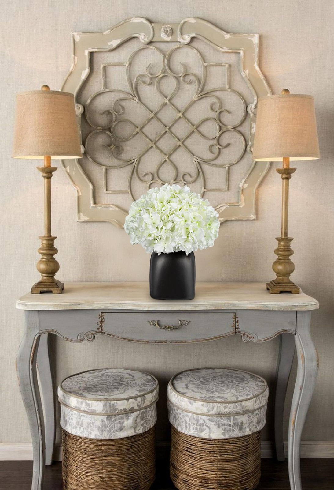 White Hydrangea Artificial Flowers in Ceramic Vase, Black Vase Farmhouse Cent…