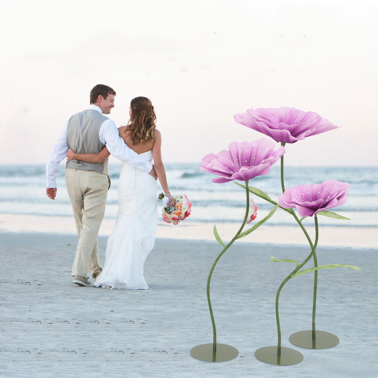 3pcs Giant Artificial Flower Poppy Free Standing Adjustable Wedding Decor Purple