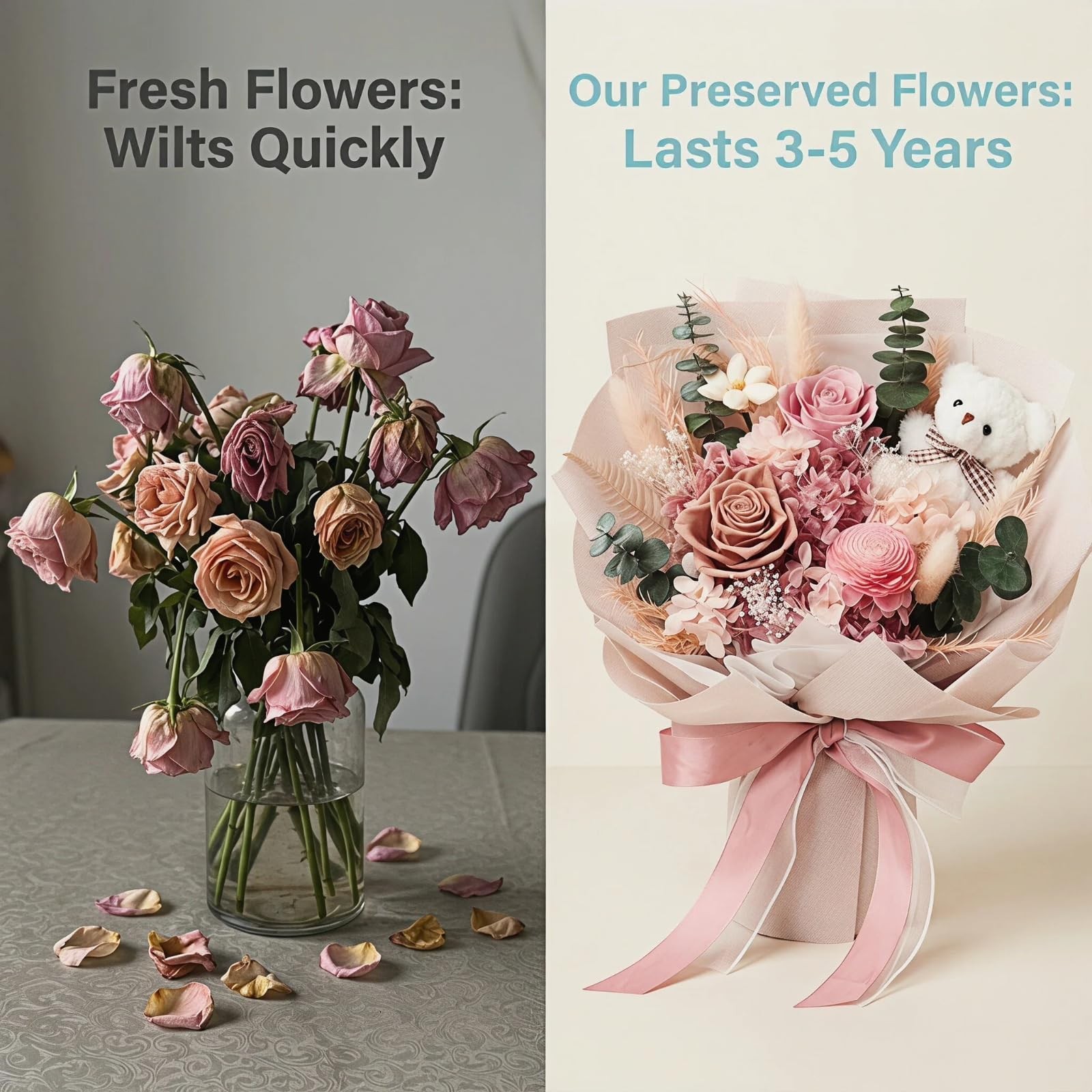 Pink Roses Bouquet Preserved Forever Flowers Gift For Mother Women Wife Mom