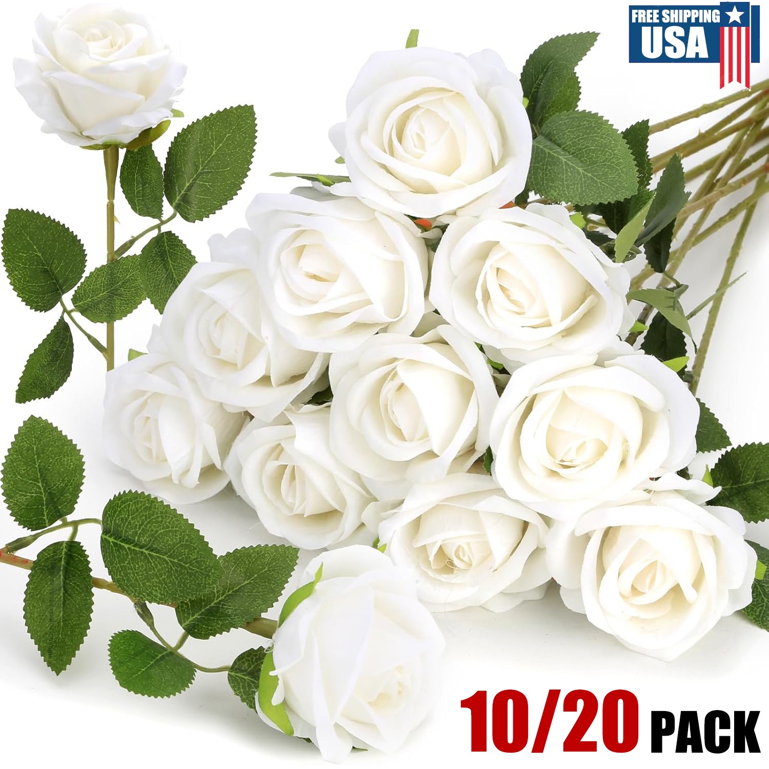 10/20Pcs Artificial White Roses Flower for Wedding Bouquets, Garden, Yard Decor
