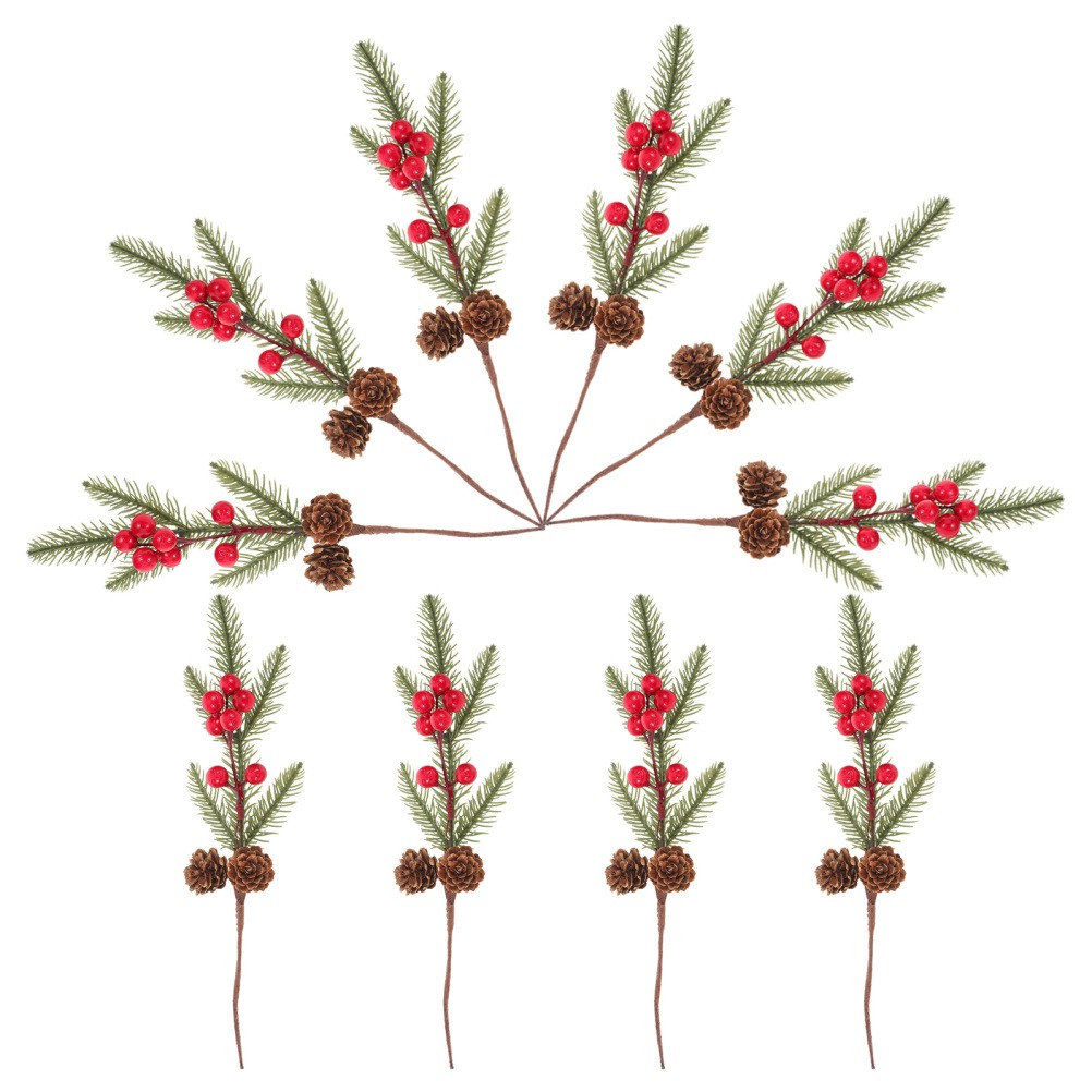10 Pcs Pine Branches Red Berry Stems Christmas Home Decor Artificial Needles