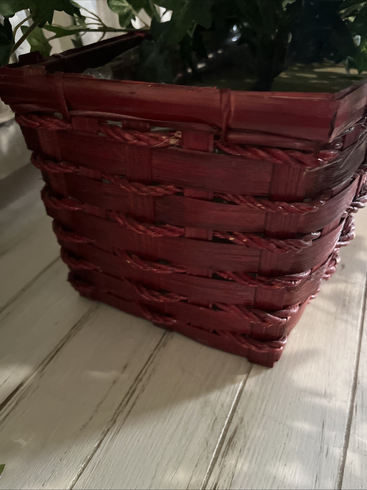 Faux Ivy In Red Wicker Basket 19”W x6 1/2”Dx6 3/8”H W/ Plant 19”H x58”W Used