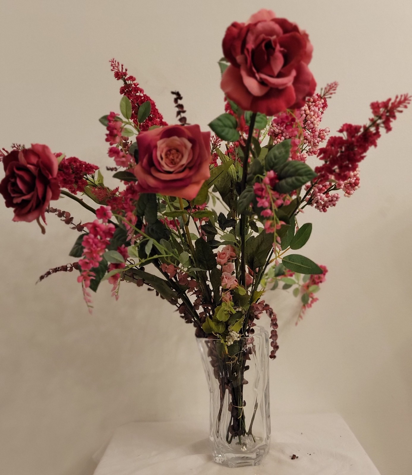Vintage Plastic & Silk Faux Flowers Lot Of 21 Variety Roses 27″ Shades Fushsia