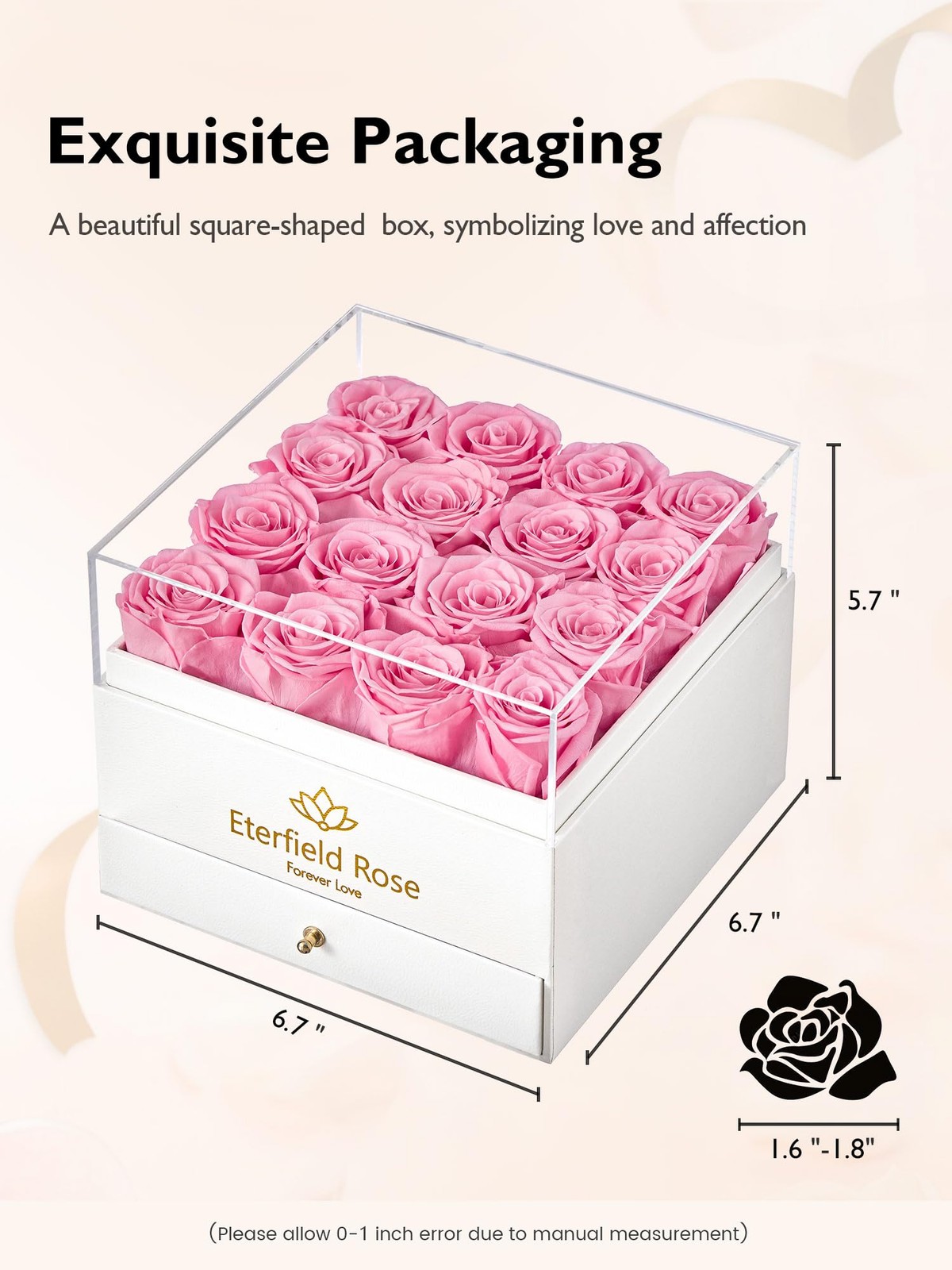 16 PCS Forever Flowers Preserved Pink Roses Square White Box With Drawer