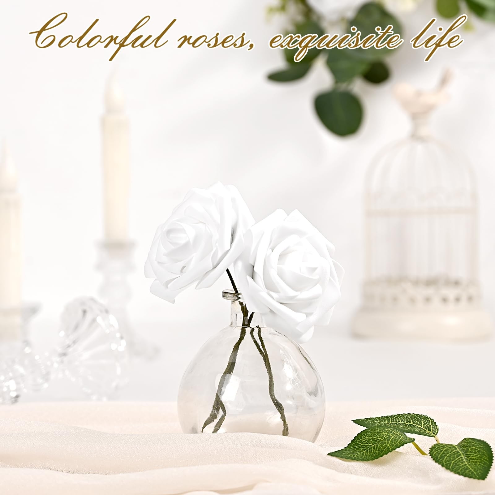 BLEUM CADE 36Pcs Artificial Flowers Fake Roses with Stems, White Boxed Foam R…