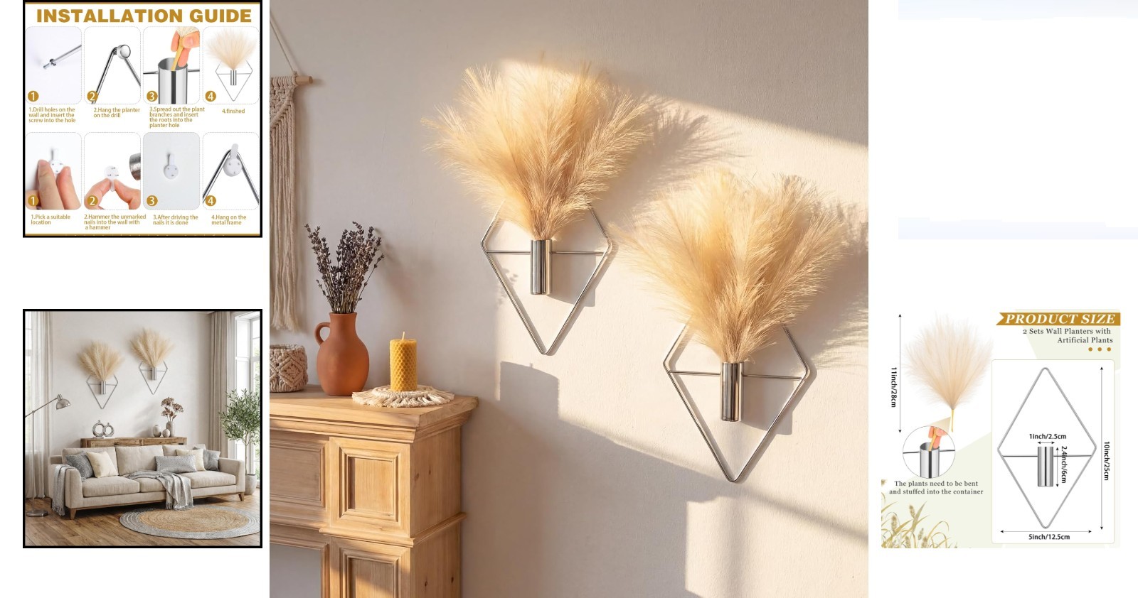 2 Pieces Metal Wall Hanging Planters with Artificial Plants Boho Indoor Decor…
