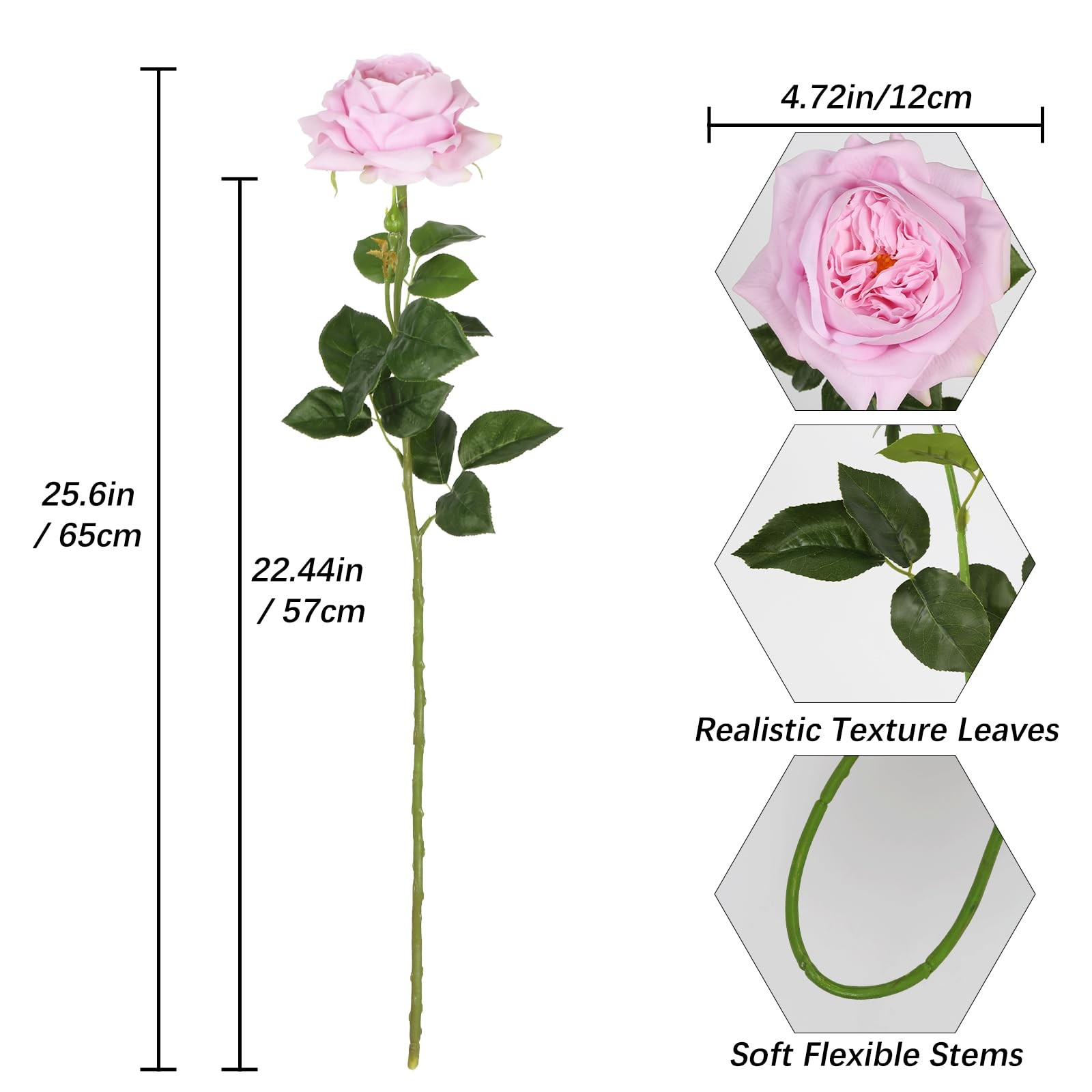3PCS Ligh Pink Austin Rose Artificial Flowers 5.1″ Large Fake Rose 23.62″ Lon…