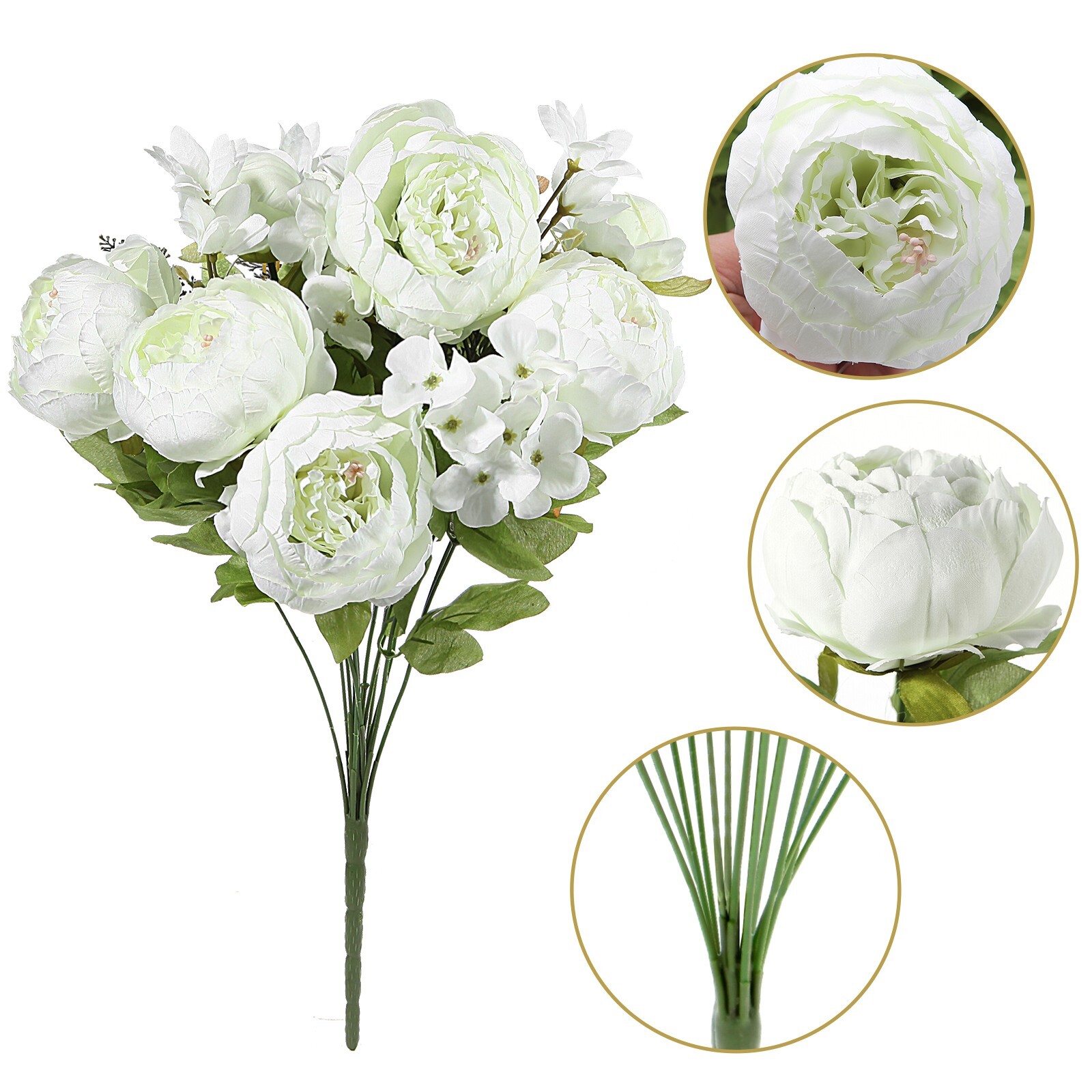 EZFLOWERY Artificial Peony Silk Flowers Arrangement Bouquet for Wedding – White